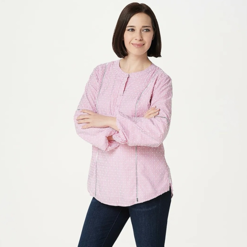 Isaac Mizrahi Live! striped clip dot woven blouse